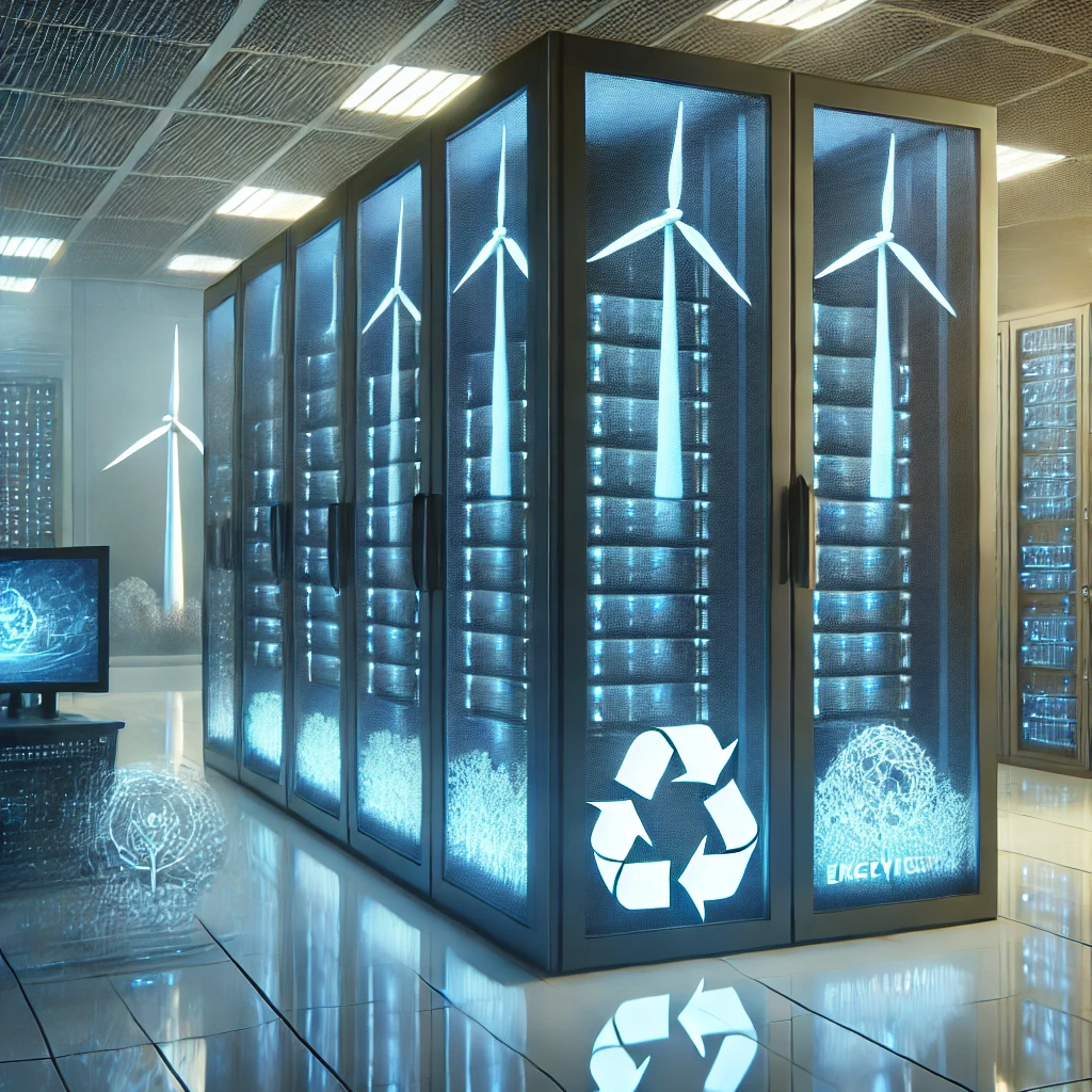 A high-tech server room with a view of wind turbines outside.
